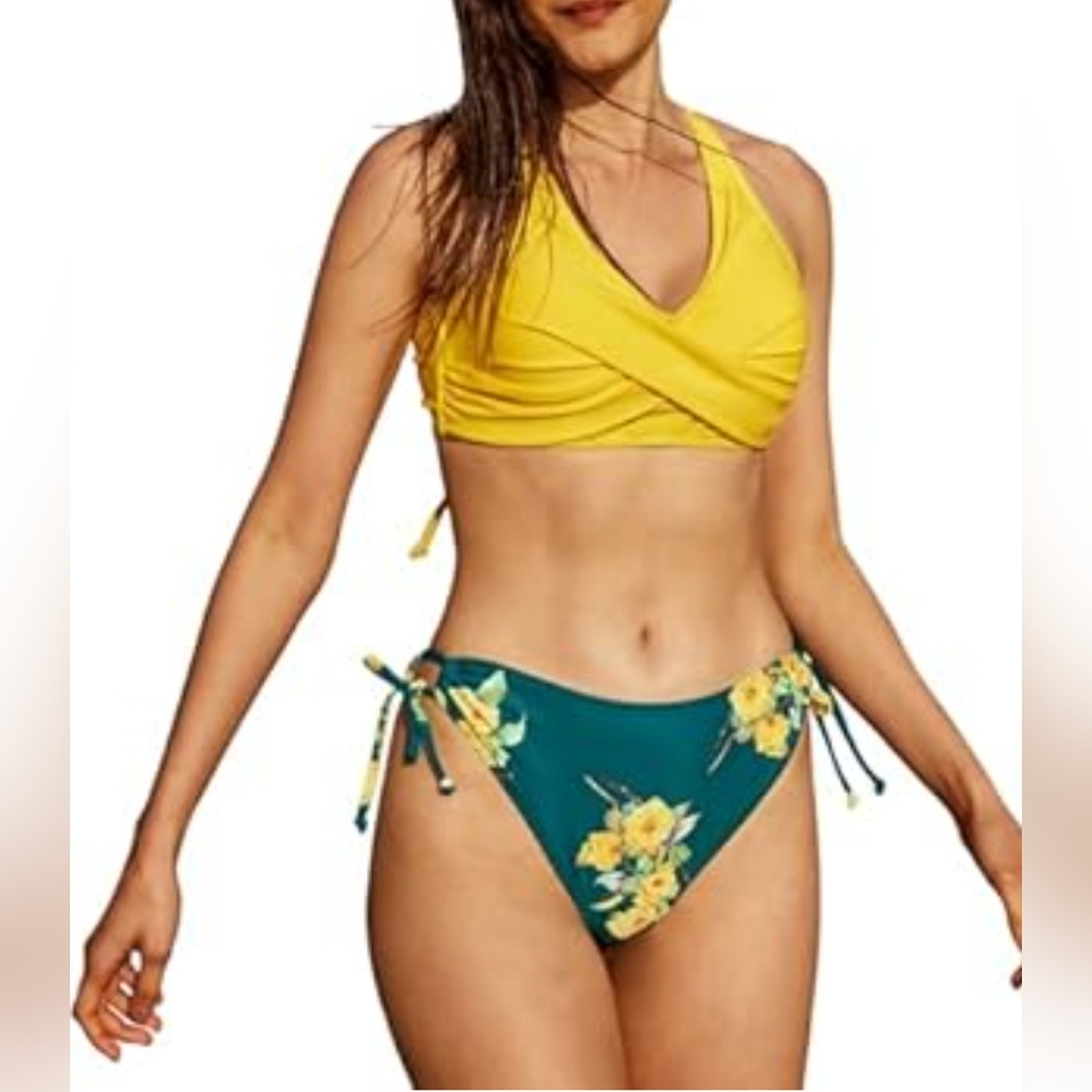 Yellow and Green Floral Bikini Set